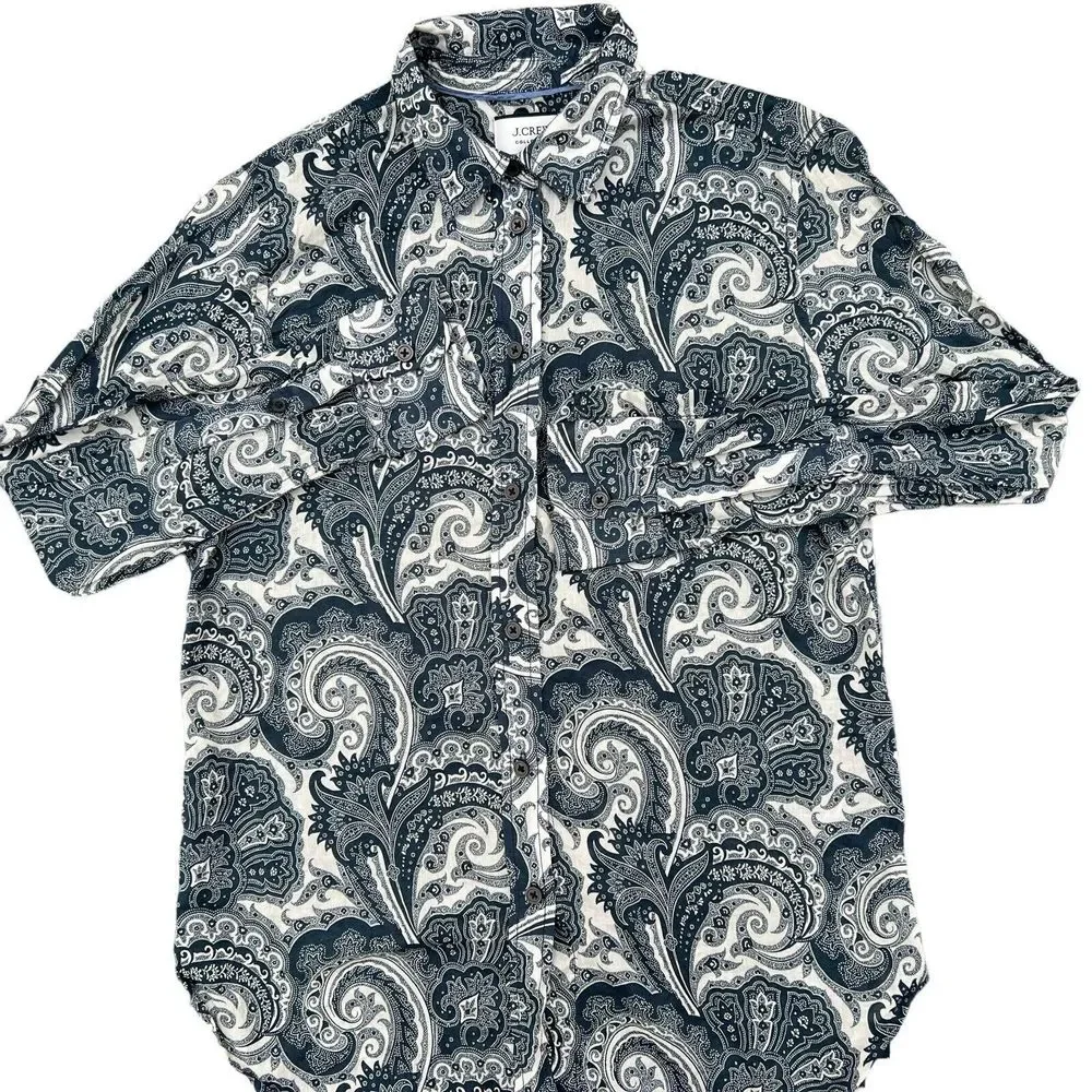 J Crew Collection Shirt Womens Size 2 Button Up‎ Blouse Blue Paisley Long Sleeve - Picture 4 of 14